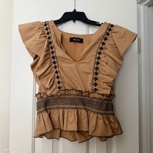 fab'rik Tan Ruffle Peplum Top with Black Embroidery